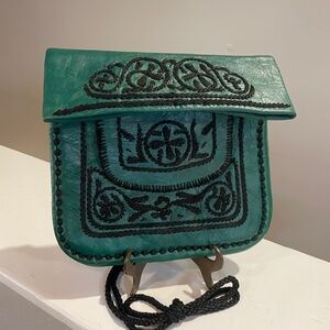Vintage Green Leather Boho Crossbody • Black Embroidery • 12”